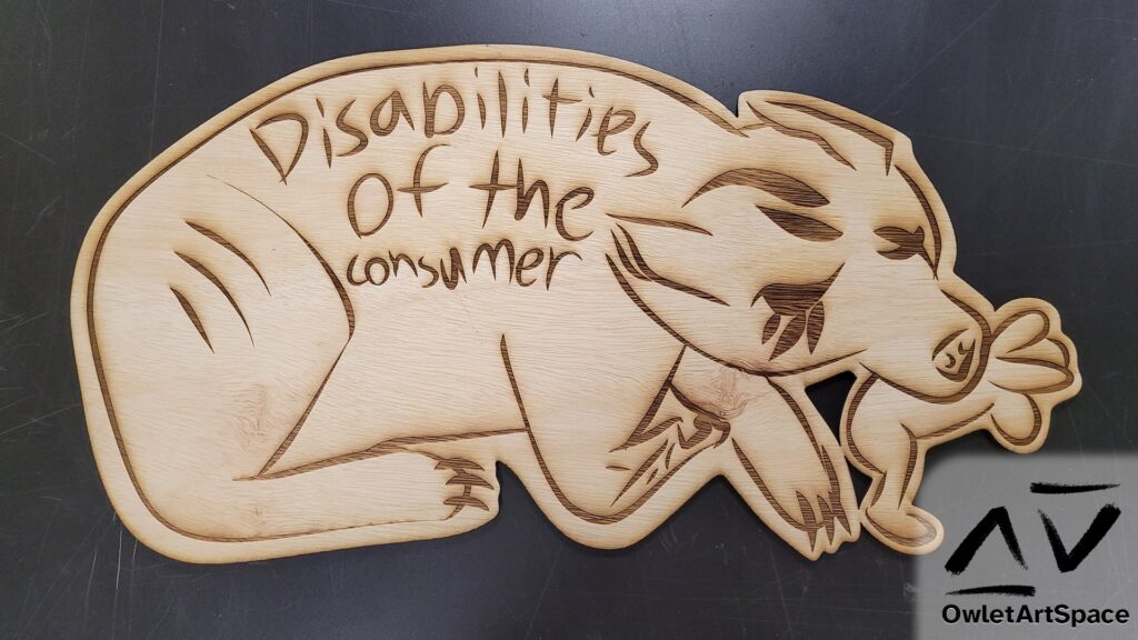 A lasercut piece of wood illustrating a wolf. There are scratches on the hind leg and a missing front left paw. Their head has two scratches on the top, three under the left eye, and through the right eye. In their mouth is a dead rabbit.