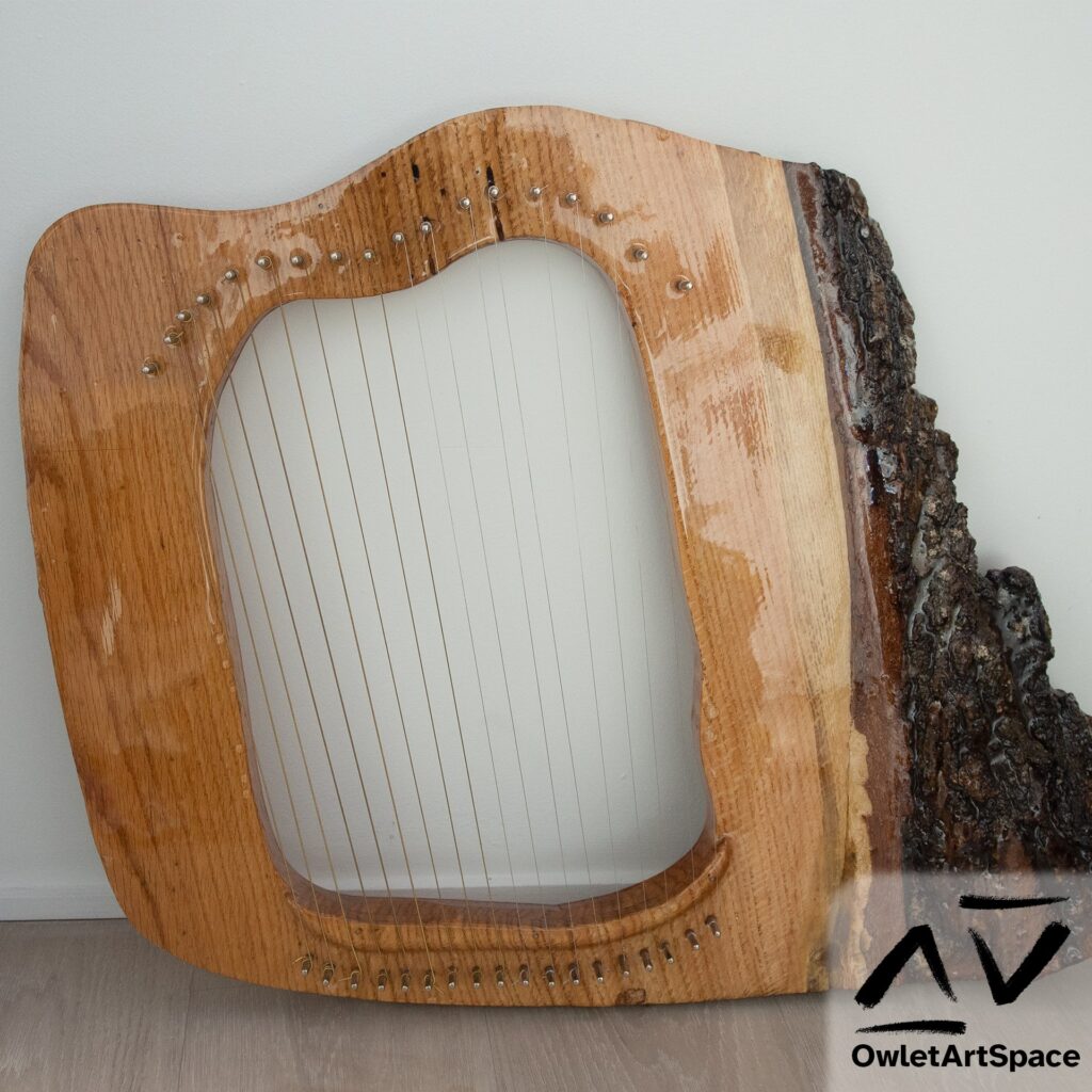 A harp made out of a piece of live wood. It's grain is vivid and colorful. It has a blockish exterior shape and a natural-appearing cavity in the center. Across that cavity lies 18 strings. On the left side of the piece is a section of the bark. It still maintains all of the moss and everything from when the tree was first cut down.