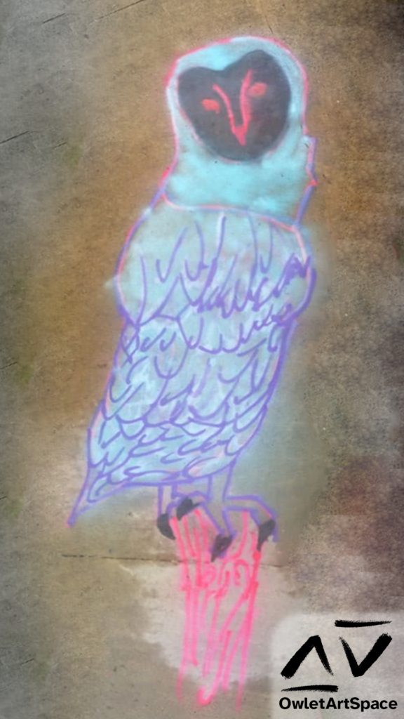 A spray painted owl with a blue body, black and pink face, purple feather outlines, and black talons. It is perched on a pink log with its right wing and head facing the viewer.