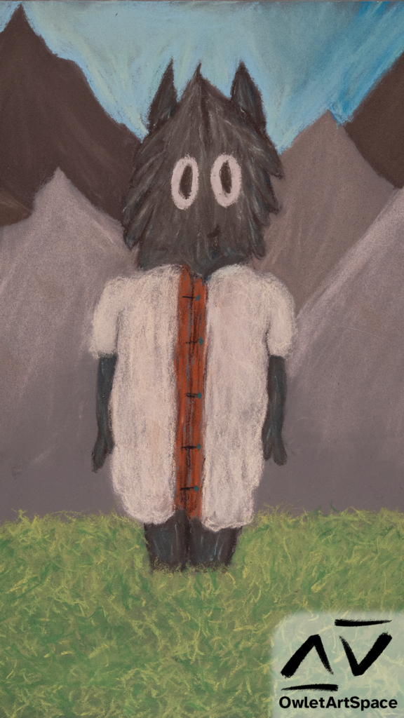 An anthropomorphized black sheep with a white wool buttoned coat on a green field with distant mountains and a blue sky