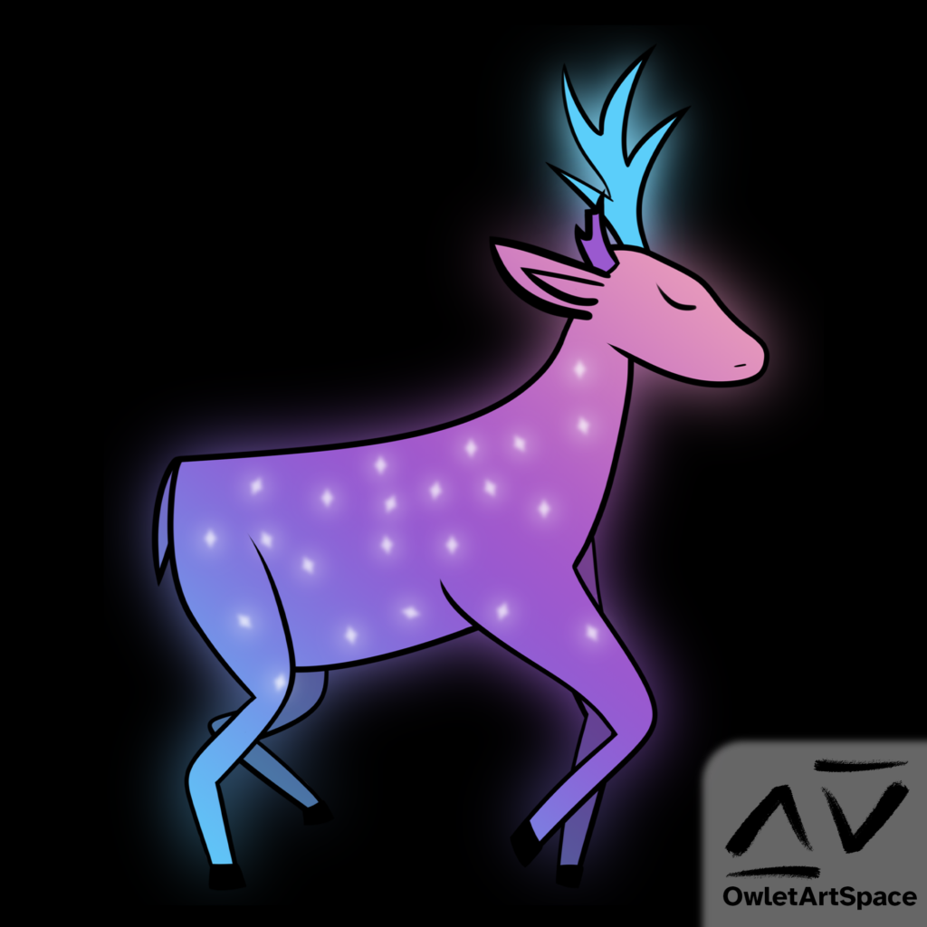 A deer with a gradient of blue, purple, and pink with white stars on its body. It's antler glows blue while the other, broken, is purple.