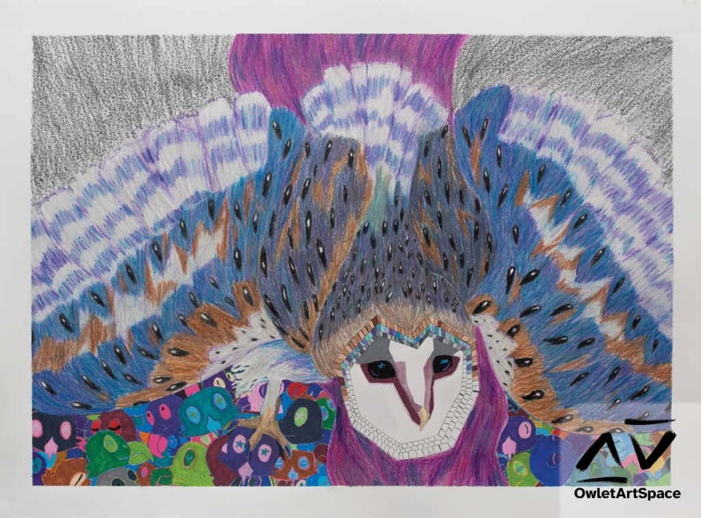 An owl with blue-brown wings protecting a pile of multicolor owl skulls