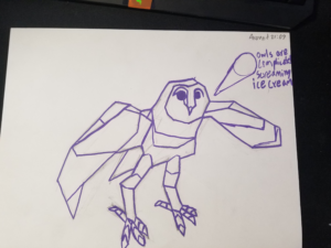 A very low poly drawing of an owl with its wings spread with a note in the corner saying "owls are complicated screaming ice cream" with an ice cream cone