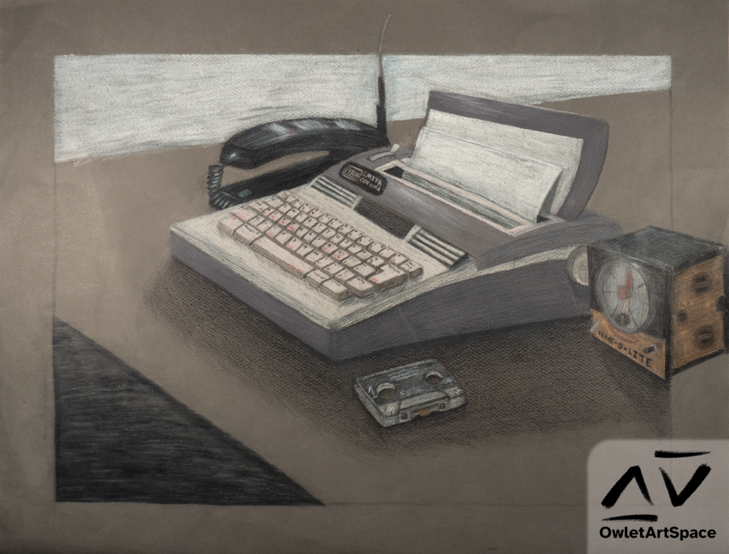 A colored pencil drawing of an electronic typewriter, an old satphone, a time-o-lite film developer timer, and a casette tape.