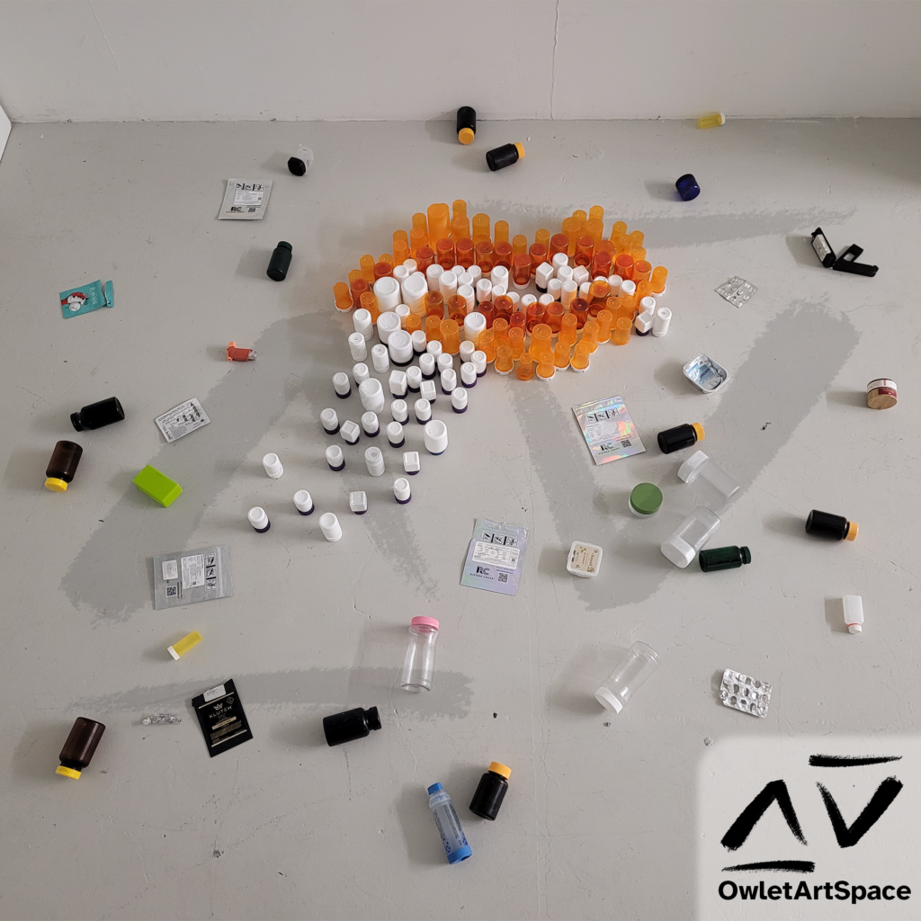 Orange and white pill bottles create a foaming mouth. Surrounding it are other types of medication packages.