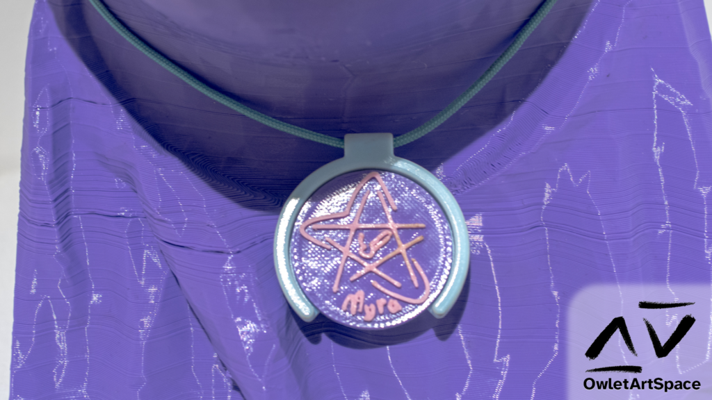 A blue necklace on a purple head model. The necklace has a circular chip with Myra's alter symbol.