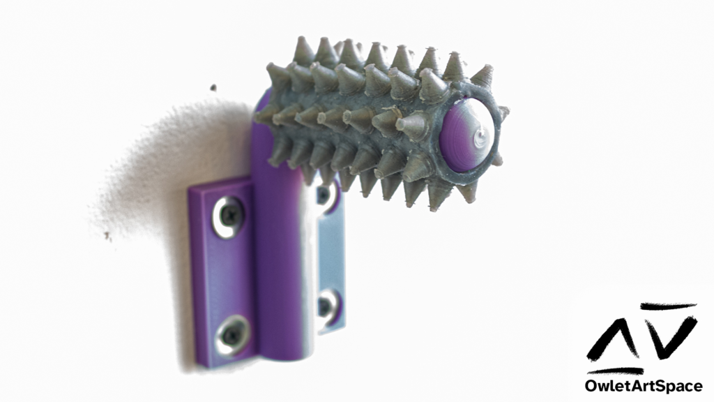 Secured around a purple mount representing a wheelchair handle is a gray spiky silicone wrap.