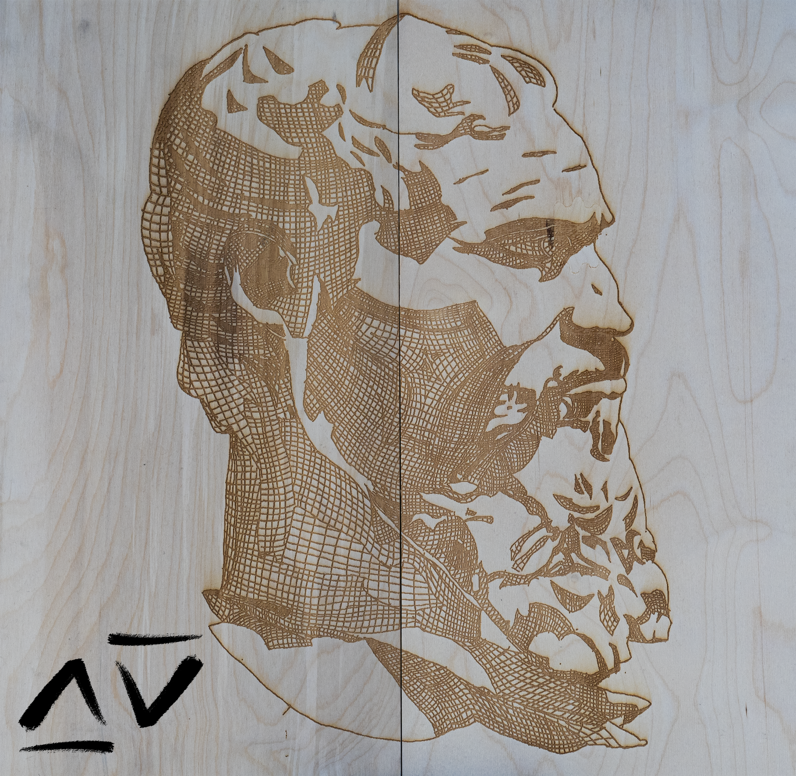 The laser cut into plywood of the Michelangelo Net drawing.